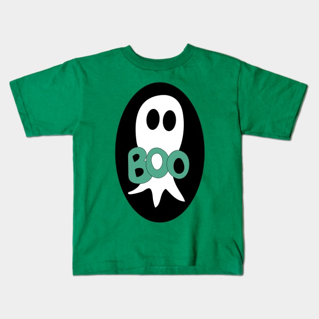 Cute Halloween ghost cartoon with BOO text Kids T-Shirt by Angel Dawn Design